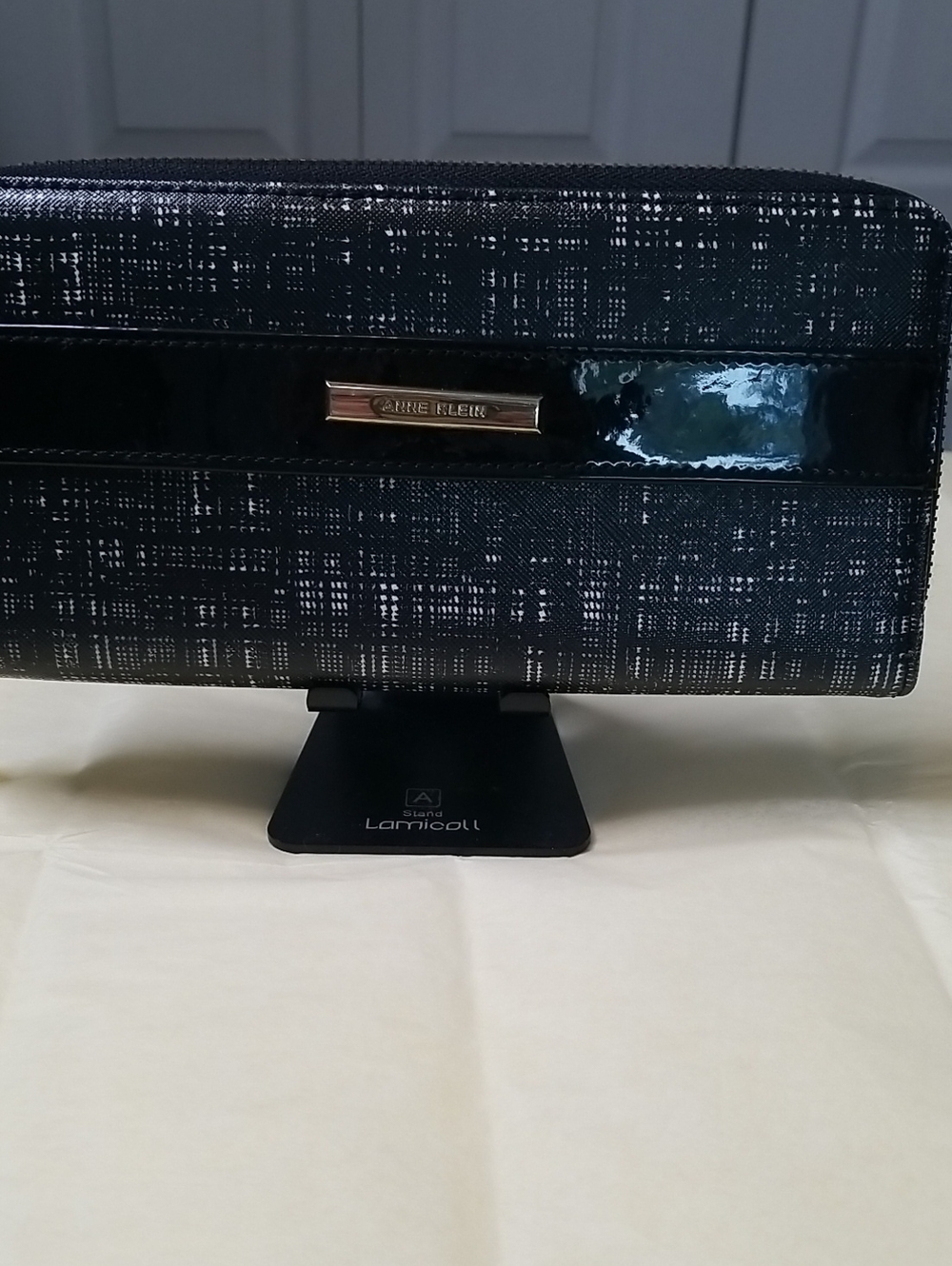Anne Klein Black Textured Wallet with Patent Trim Zipper Closure